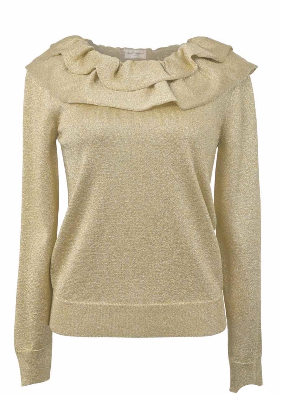 Saint Laurent Gold Off-the-Shoulder Ruffle Knit holiday shimmery  blouse small